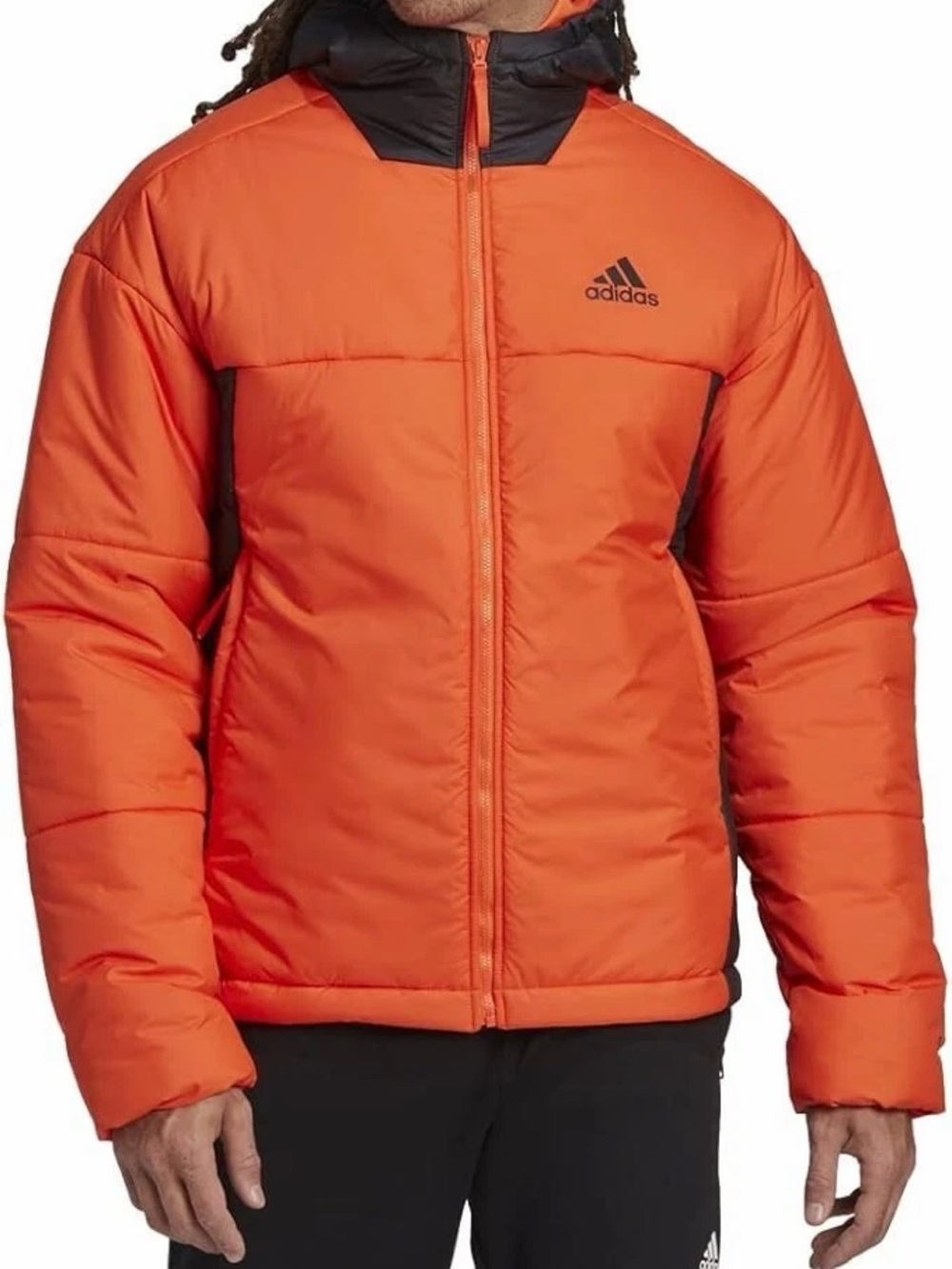 adidas men MENS XL BSC 3-Stripes Puffy Hooded Jacket HOODIE ORANGE BLACK HG4885